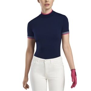 G/FORE Navy Blue Women's Top Mock Neck w White & Hot Pink Check -Twilight Size M